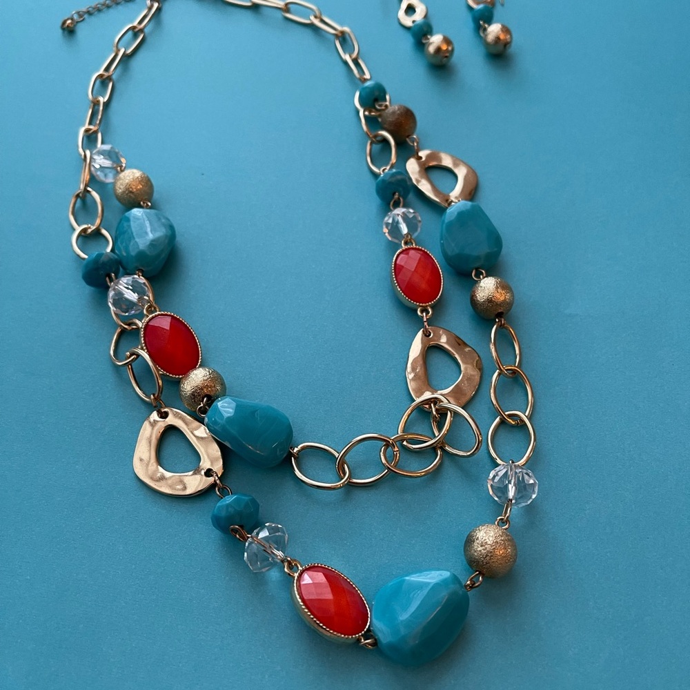 2 Layer Turquoise-Like Necklace, Earrings